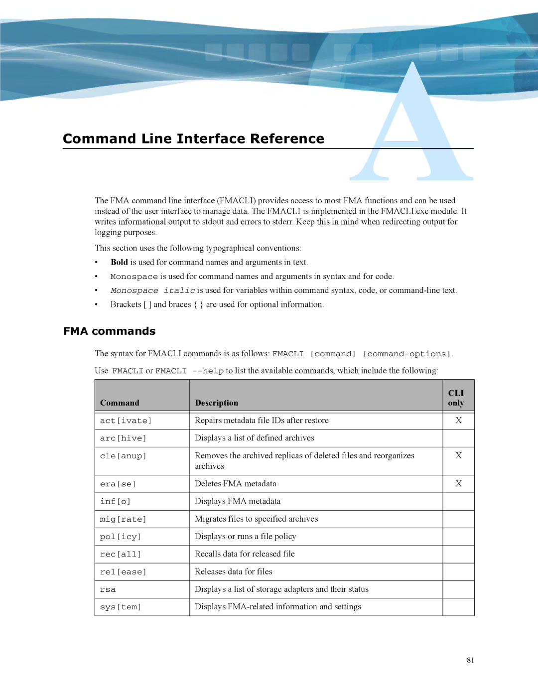 HP File Archiving Software manual Command Line Interface Reference, FMA commands, Command Description Only 