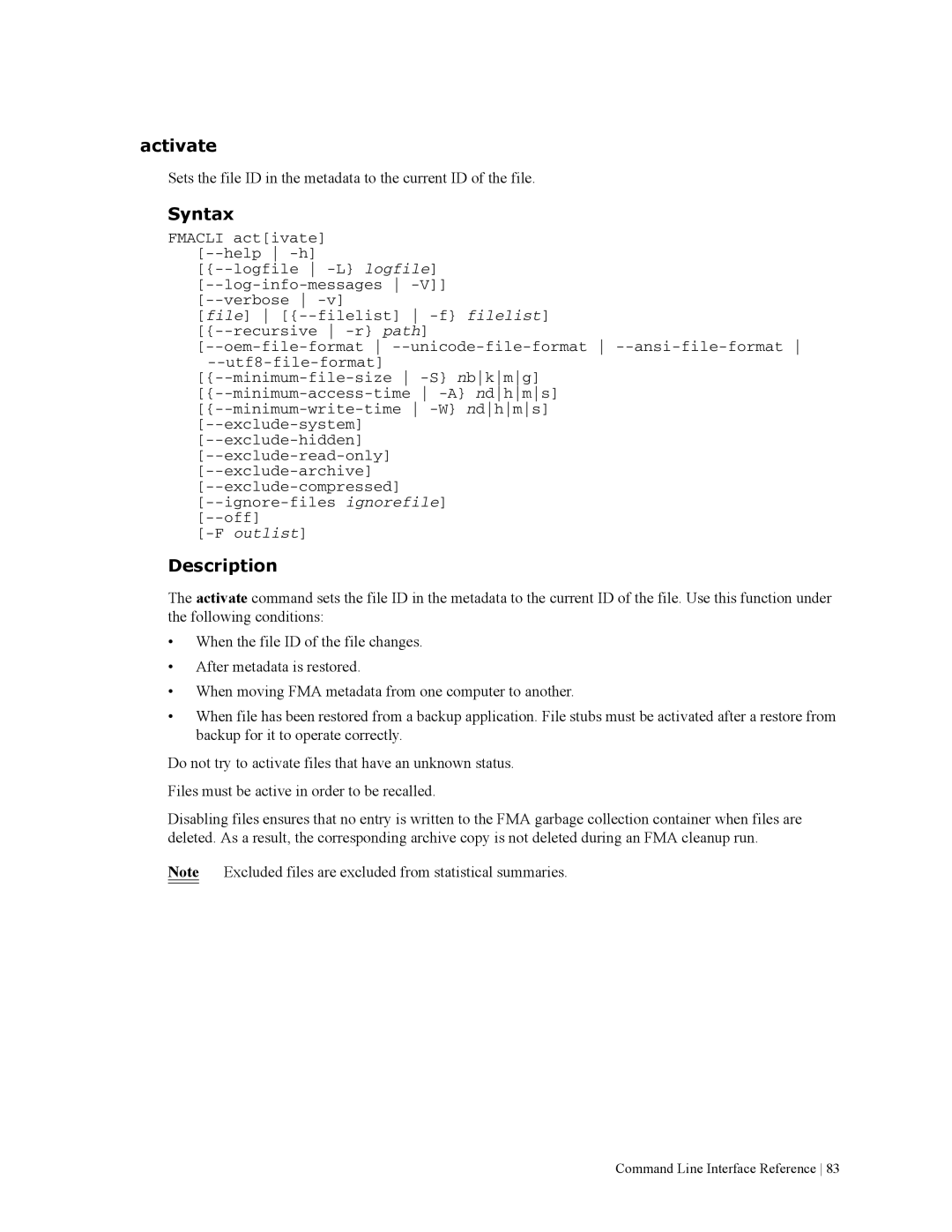 HP File Archiving Software manual Activate, Syntax, Description 