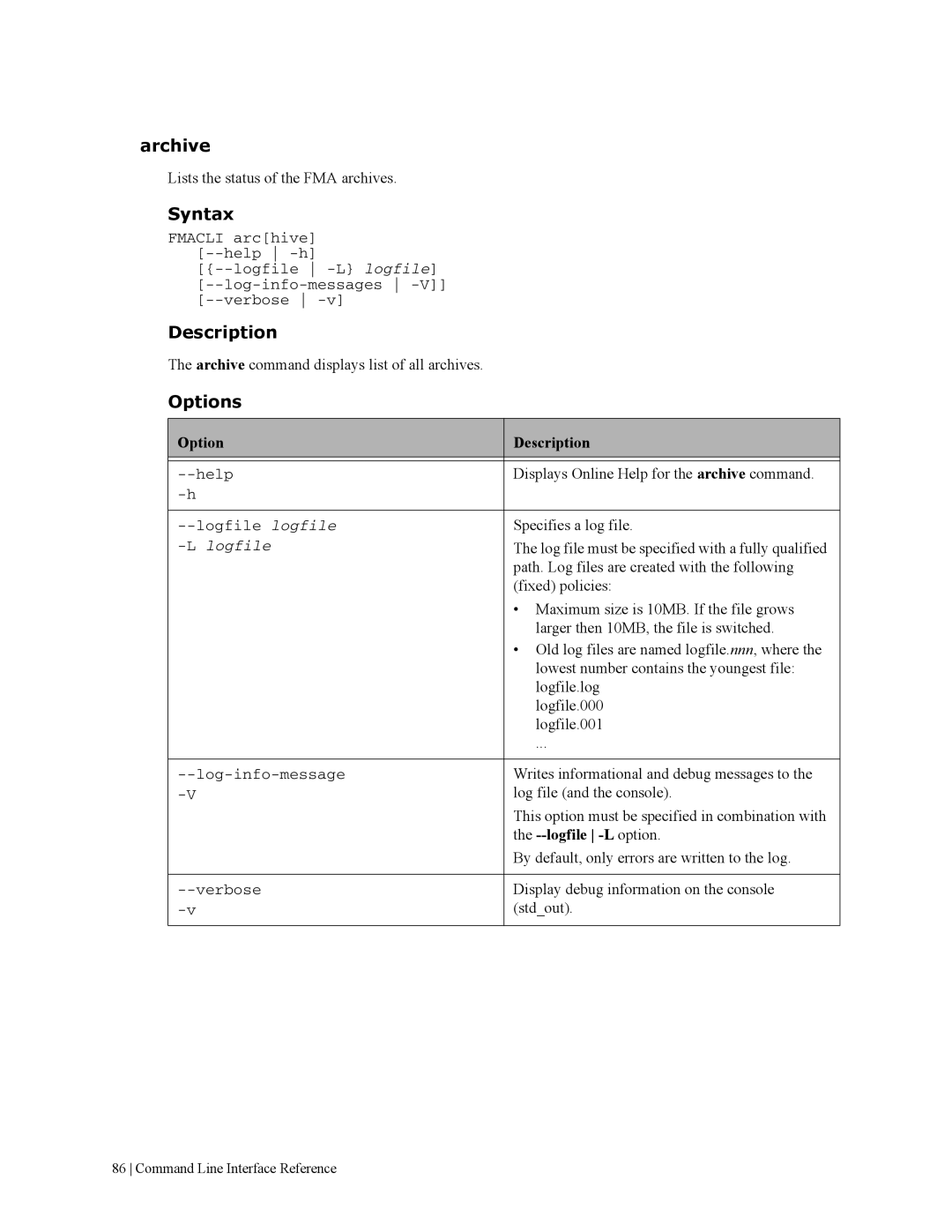 HP File Archiving Software manual Archive, Syntax 