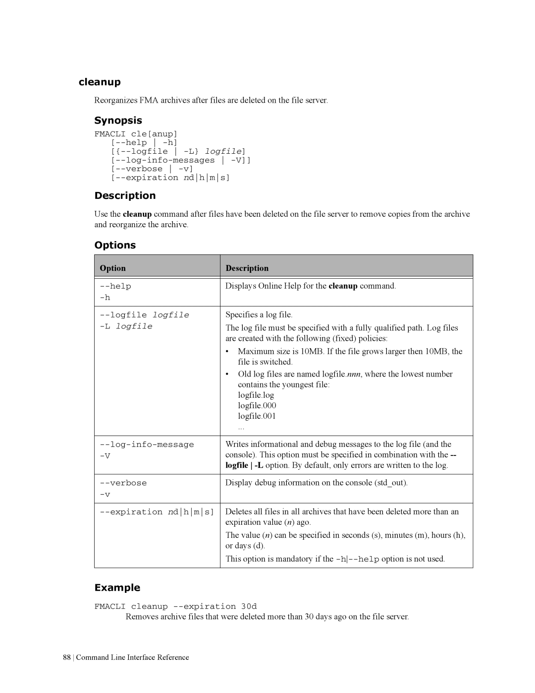 HP File Archiving Software manual Cleanup, Synopsis 