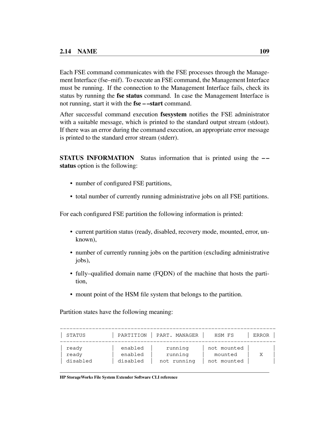 HP File System Extender (FSE) manual Name 109, Status Partition PART. Manager HSM FS Error 