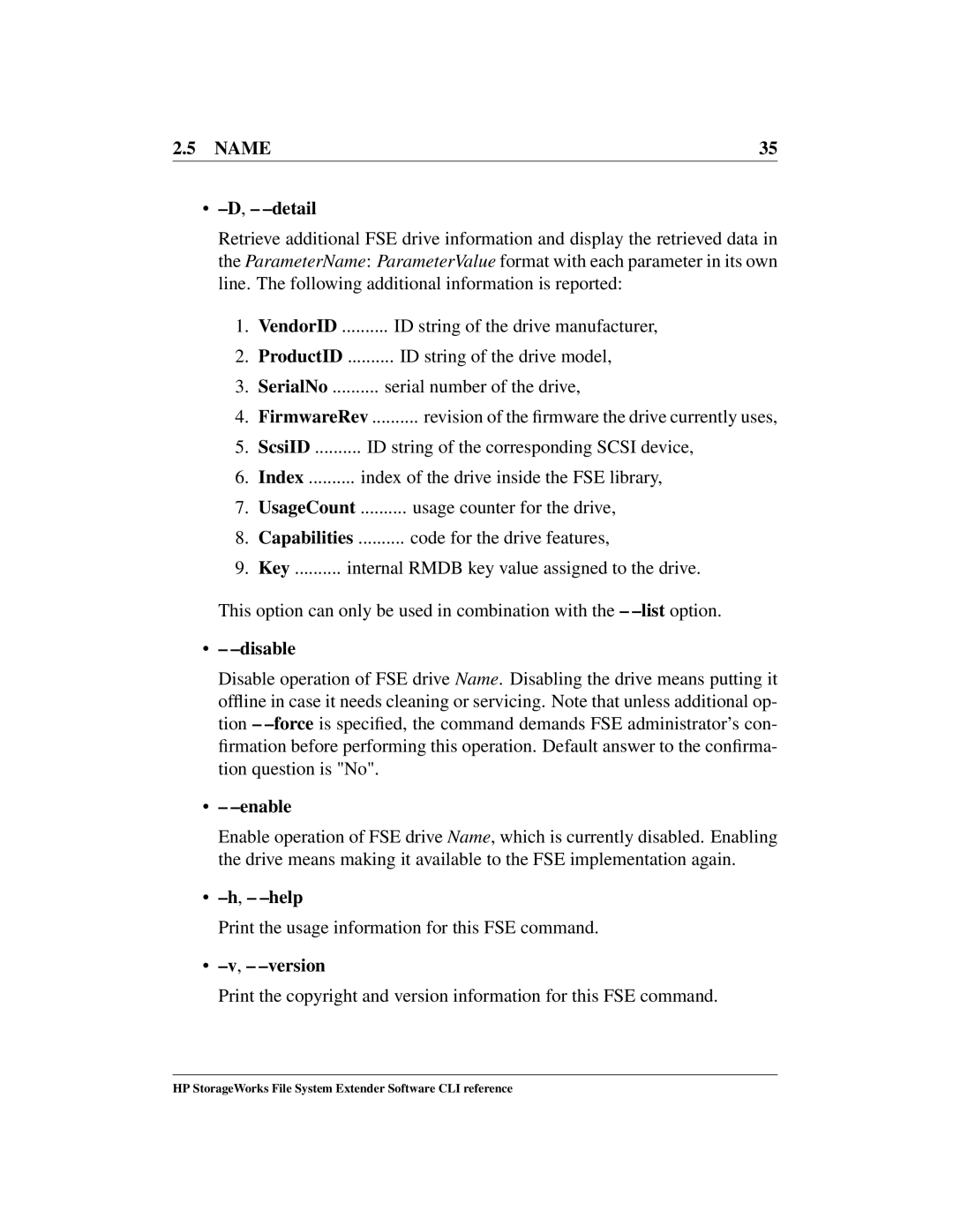 HP File System Extender (FSE) manual Name Detail, Disable, Enable 