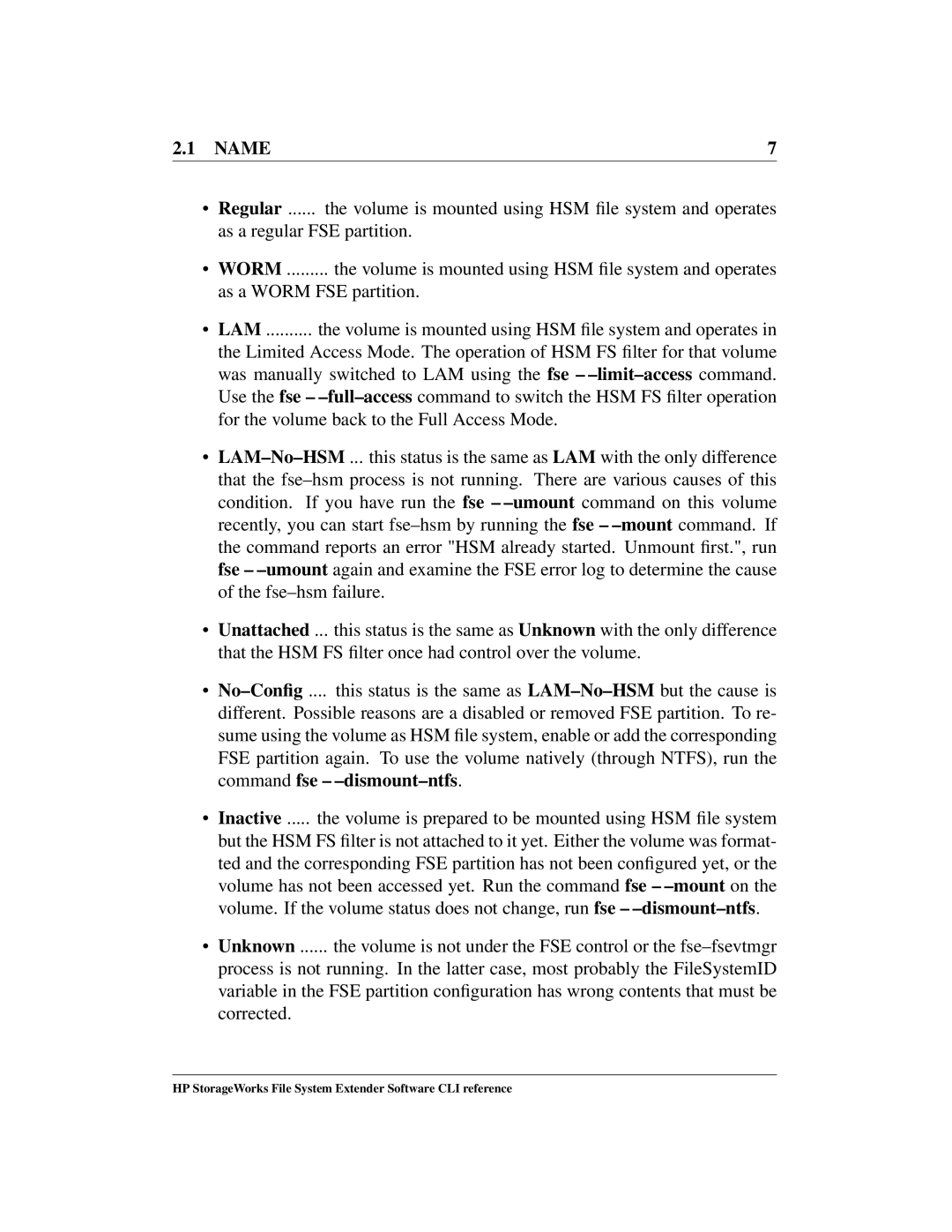 HP File System Extender (FSE) manual Fse -mount command. If, Command fse -dismount-ntfs 