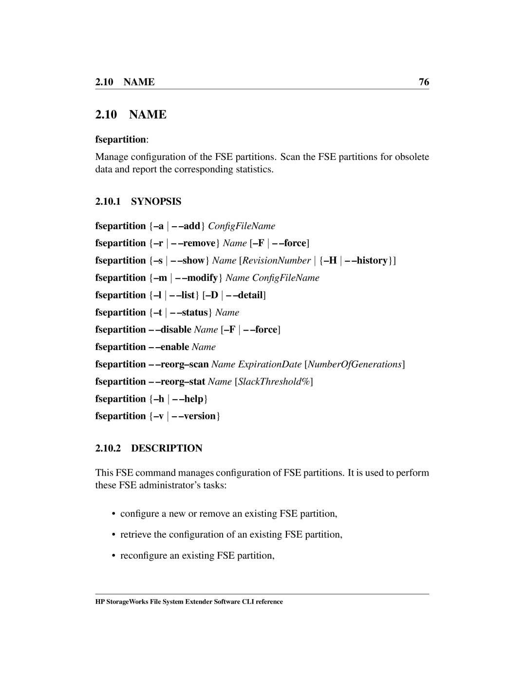 HP File System Extender (FSE) manual Fsepartition -h, Fsepartition Version 