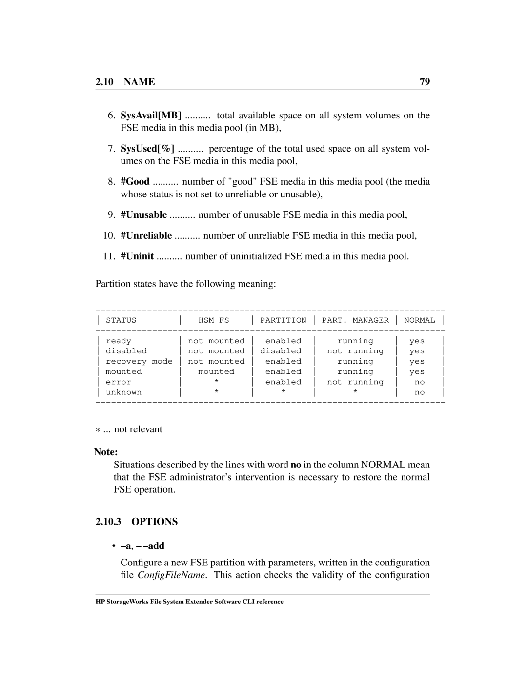 HP File System Extender (FSE) manual Options Add, Status HSM FS Partition PART. Manager Normal 