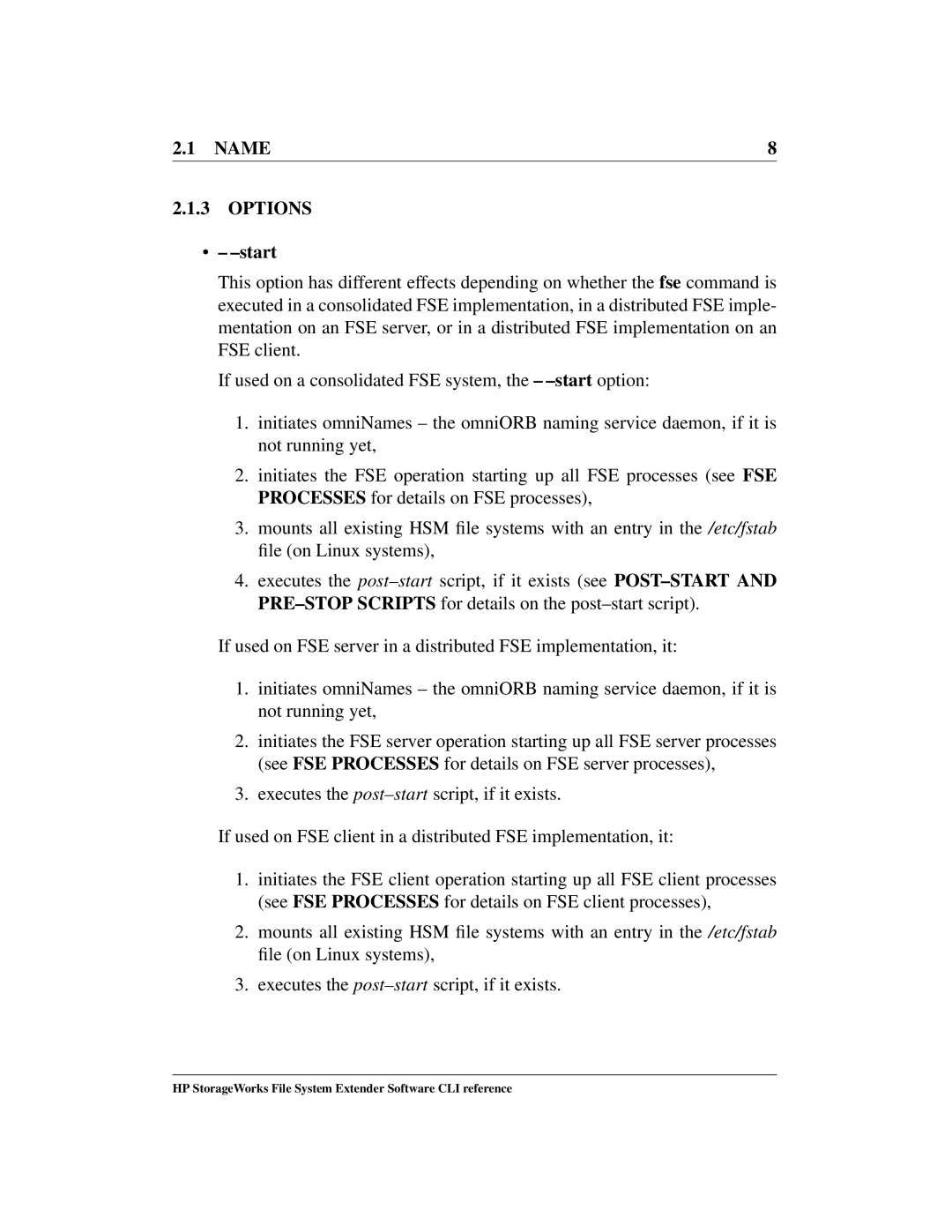 HP File System Extender (FSE) manual Options, Start 