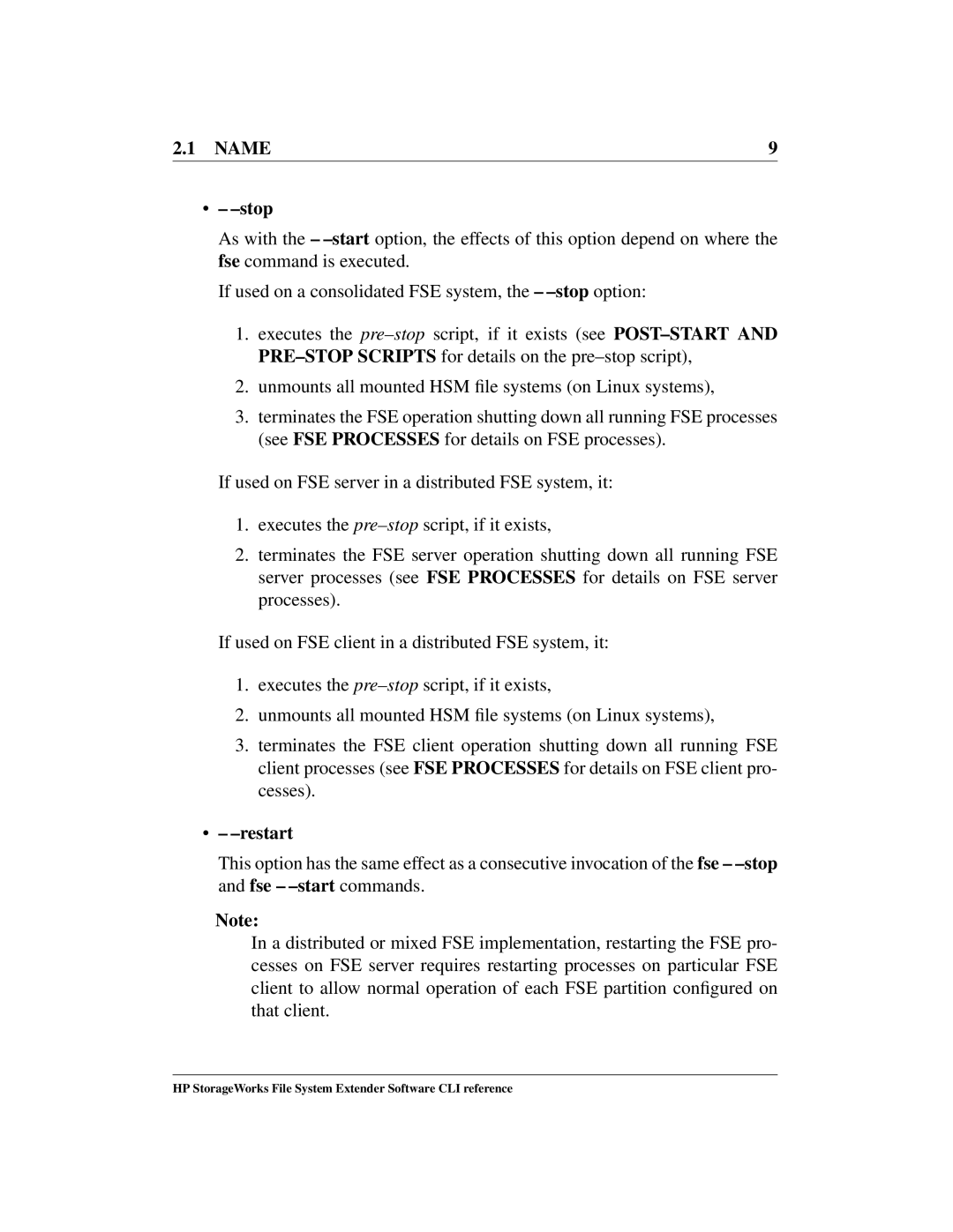 HP File System Extender (FSE) manual Name Stop, Restart 