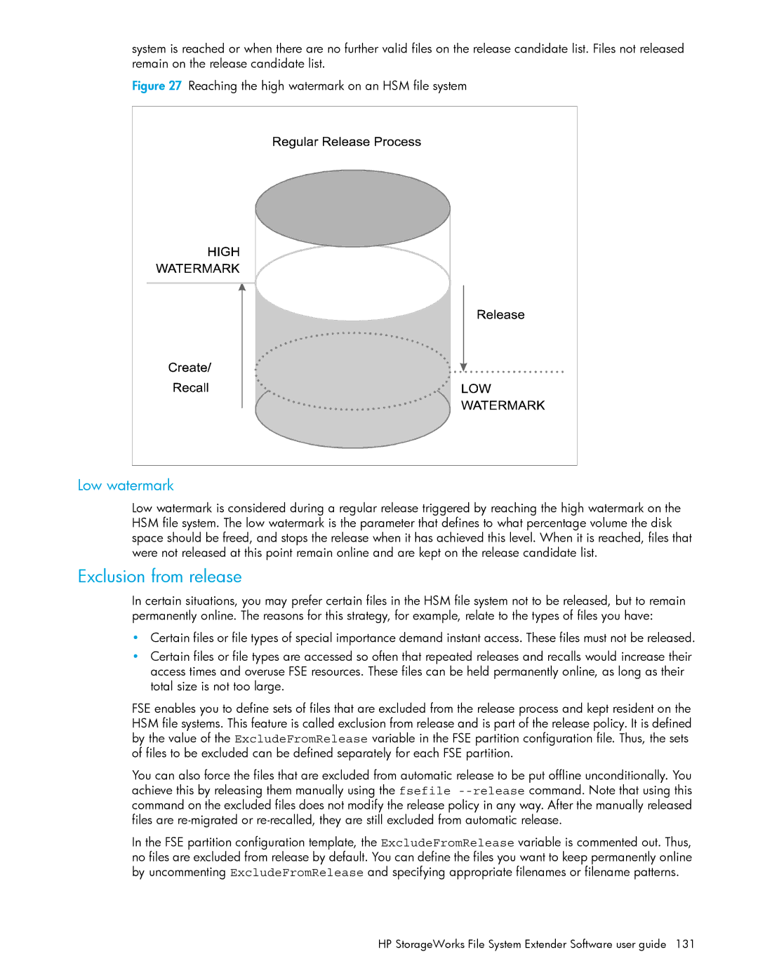 HP File System Extender (FSE) manual Exclusion from release, Low watermark 