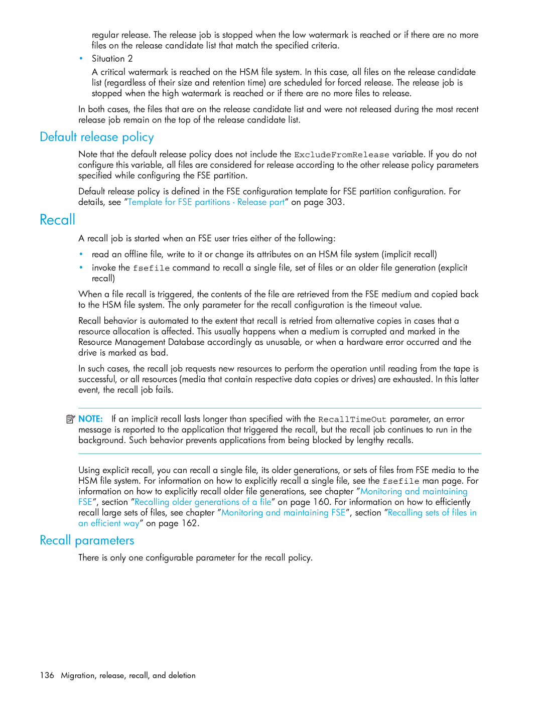 HP File System Extender (FSE) manual Default release policy, Recall parameters 
