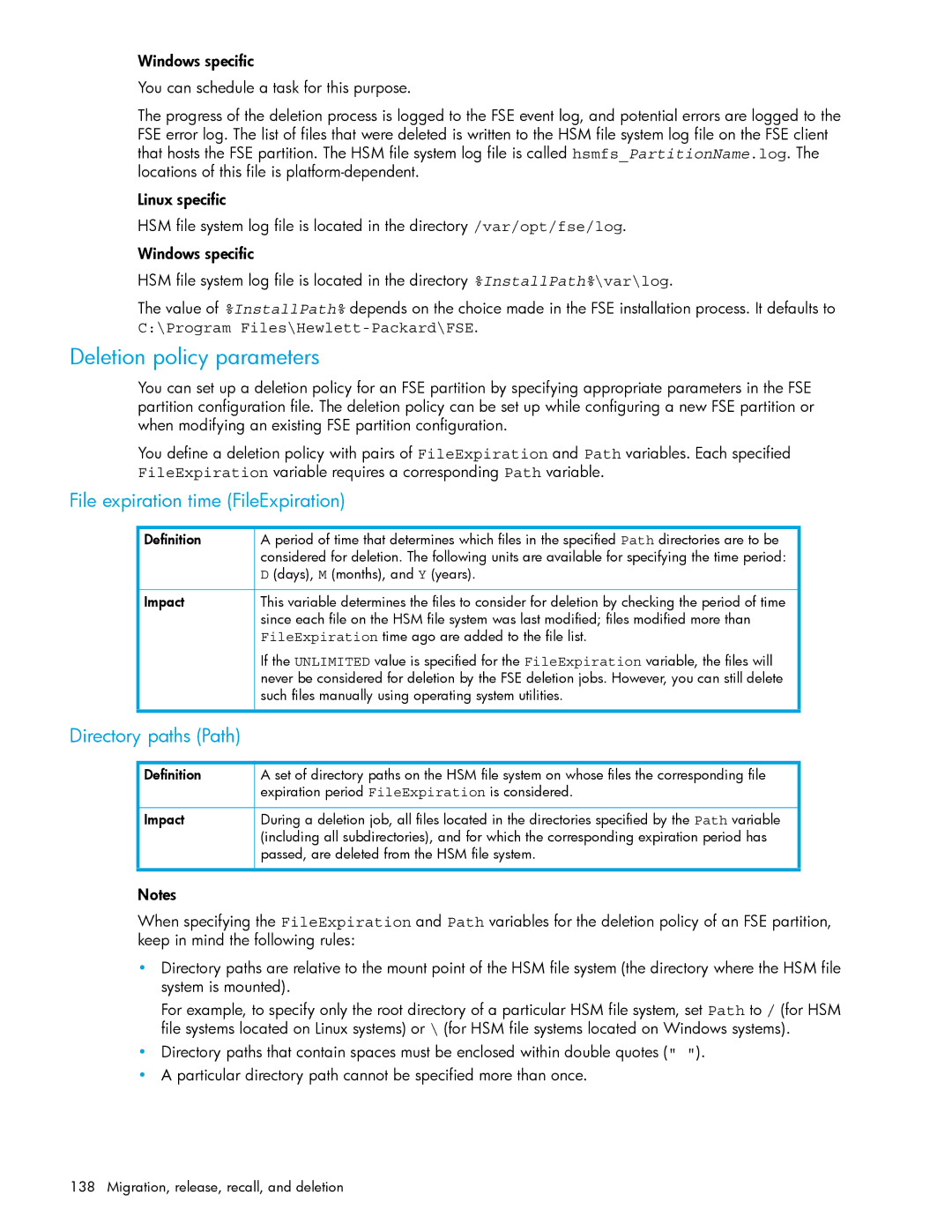 HP File System Extender (FSE) manual Deletion policy parameters, File expiration time FileExpiration, Directory paths Path 