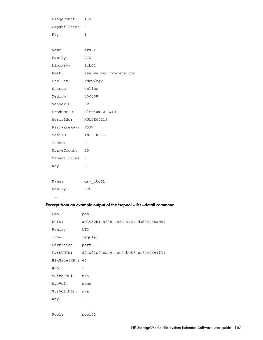 HP File System Extender (FSE) manual UsageCount 137 Capabilities Key Name Drv02 Family, Pool Pool01 