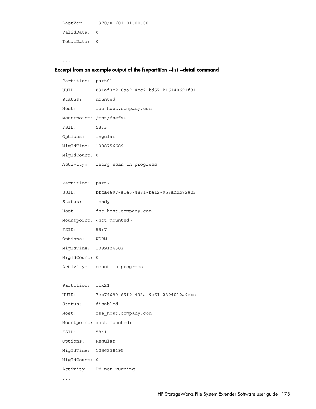 HP File System Extender (FSE) manual LastVer 1970/01/01 ValidData TotalData, Partition Part01, 583, 587, Options, 581 