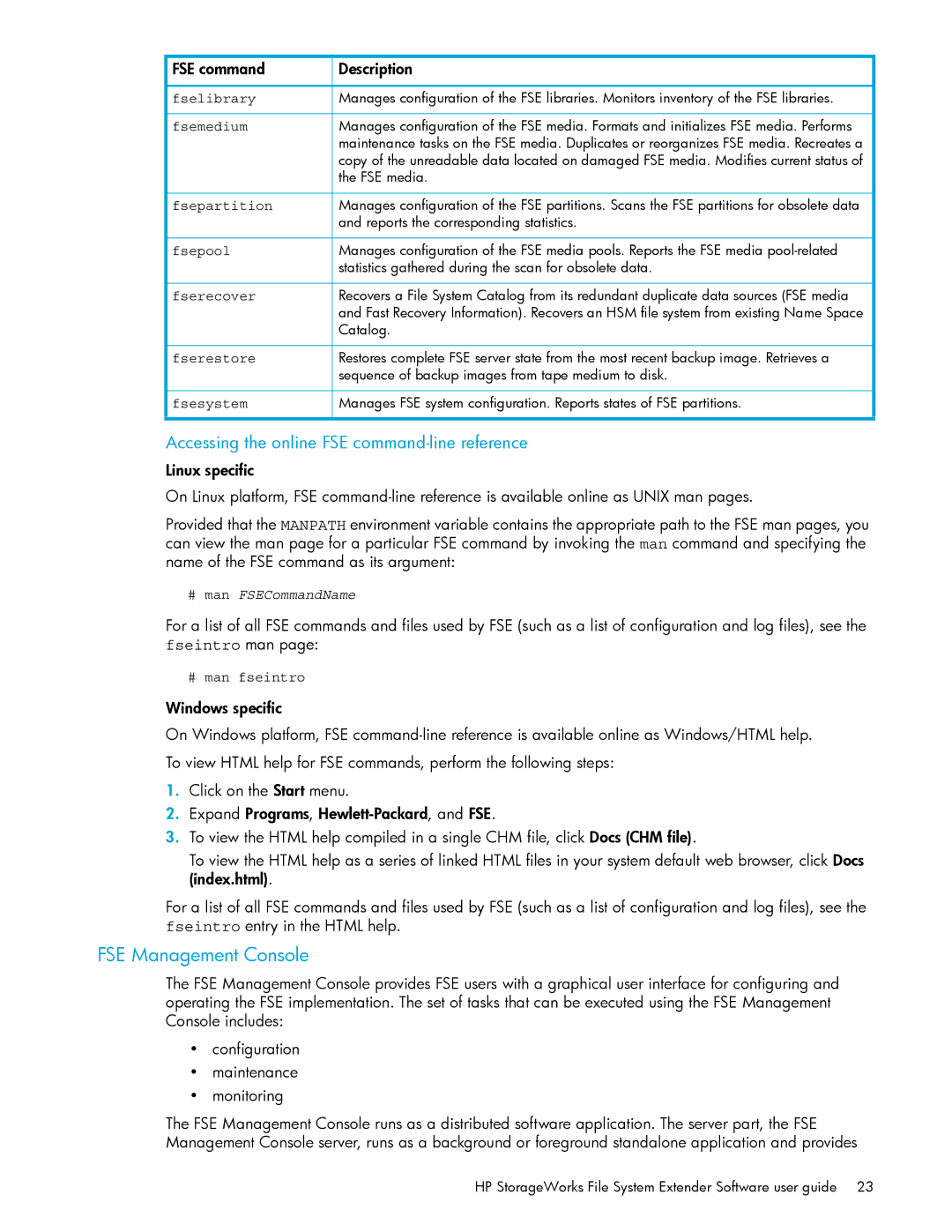 HP File System Extender (FSE) manual FSE Management Console, Accessing the online FSE command-line reference 