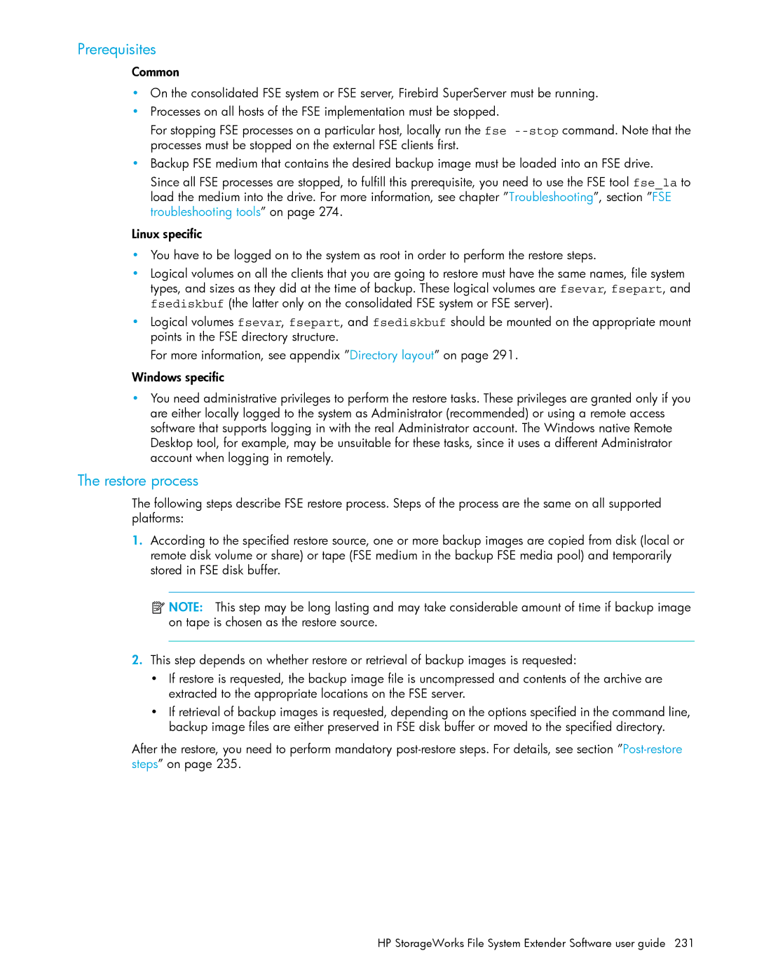 HP File System Extender (FSE) manual Prerequisites, Restore process 