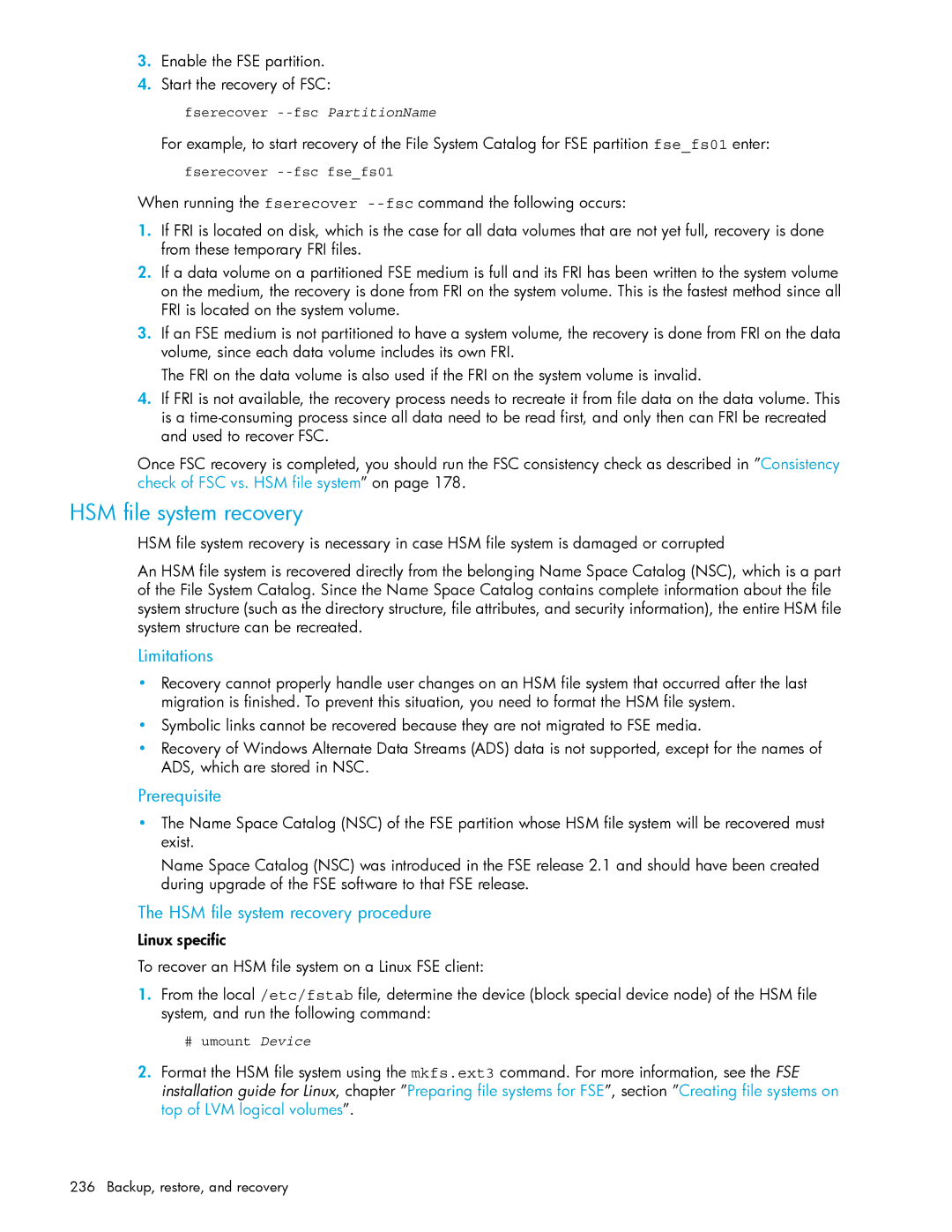 HP File System Extender (FSE) manual Prerequisite, HSM file system recovery procedure 