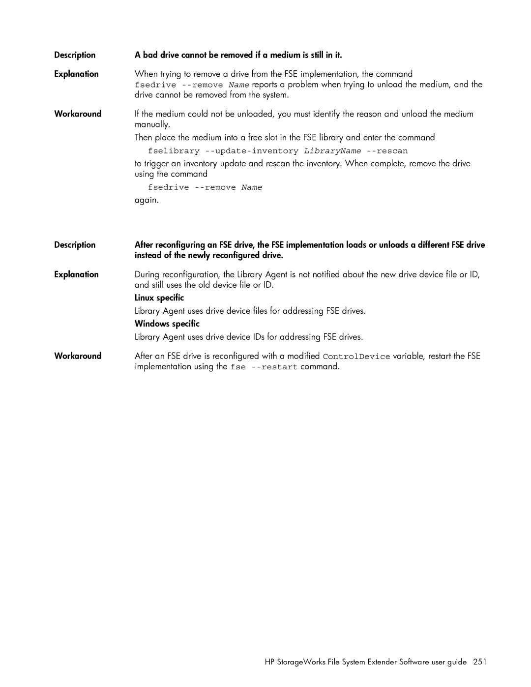 HP File System Extender (FSE) manual Fselibrary --update-inventory LibraryName --rescan, Fsedrive --remove Name 