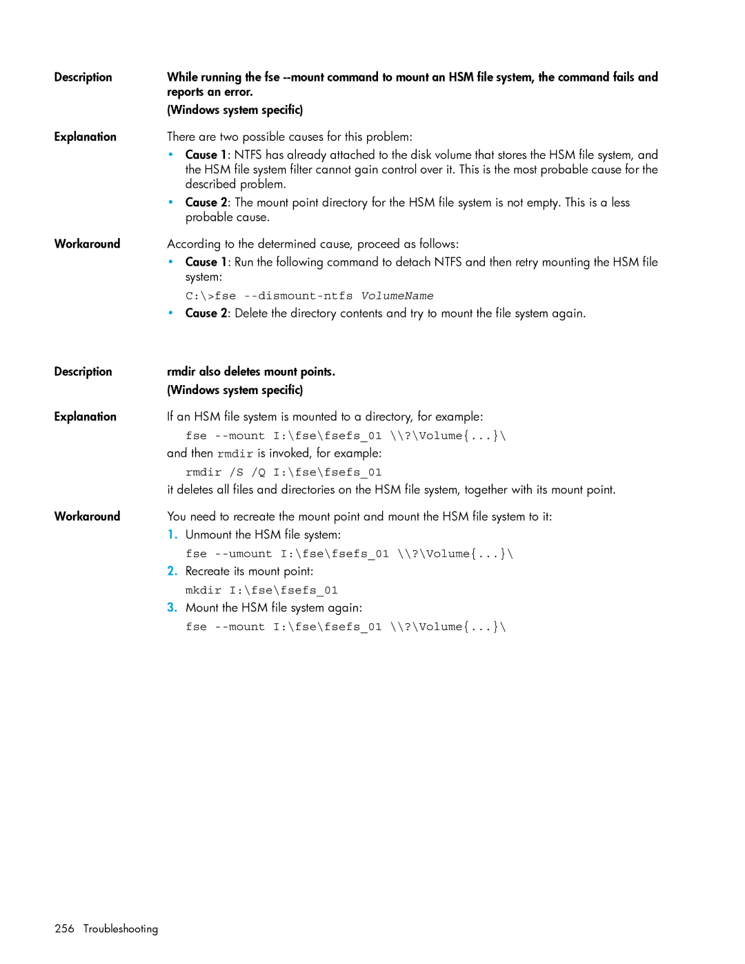 HP File System Extender (FSE) fse --dismount-ntfs VolumeName, Fse --mount I\fse\fsefs01 \\?\Volume, Mkdir I\fse\fsefs01 