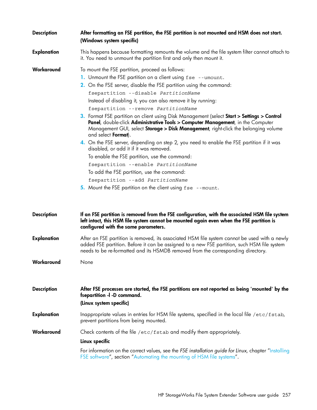 HP File System Extender (FSE) manual Fsepartition --disable PartitionName, Fsepartition --remove PartitionName 