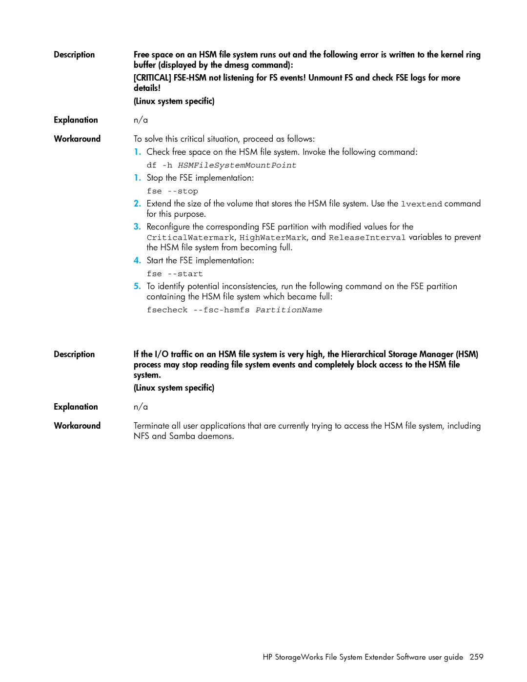 HP File System Extender (FSE) manual Fse --stop, Fse --start, Fsecheck --fsc-hsmfs PartitionName 