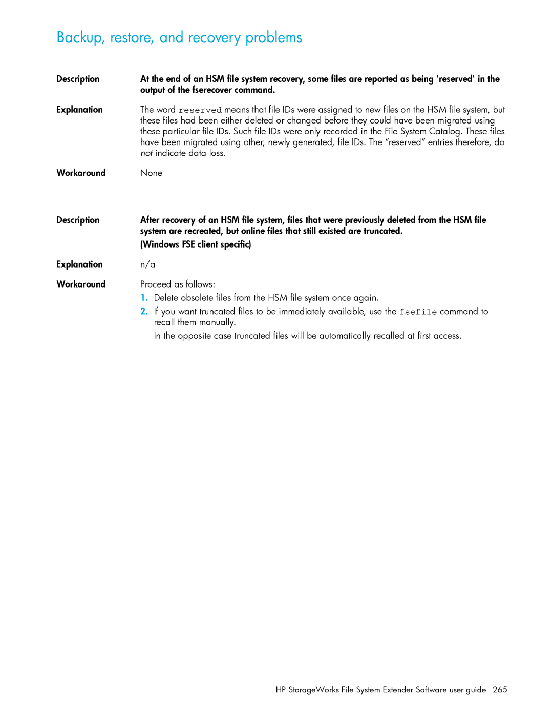 HP File System Extender (FSE) Backup, restore, and recovery problems, Not indicate data loss, Recall them manually 
