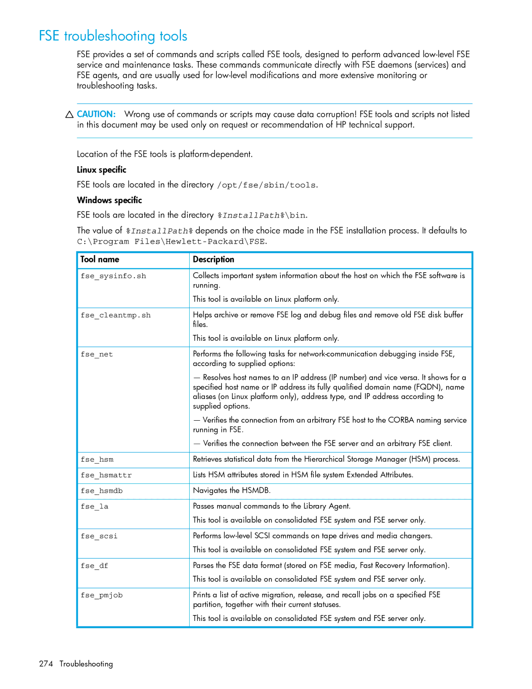 HP File System Extender (FSE) manual FSE troubleshooting tools 