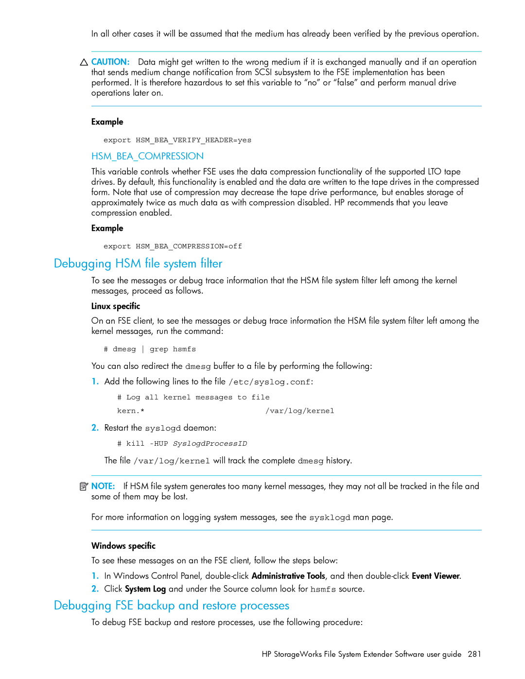 HP File System Extender (FSE) manual Debugging HSM file system filter, Debugging FSE backup and restore processes 