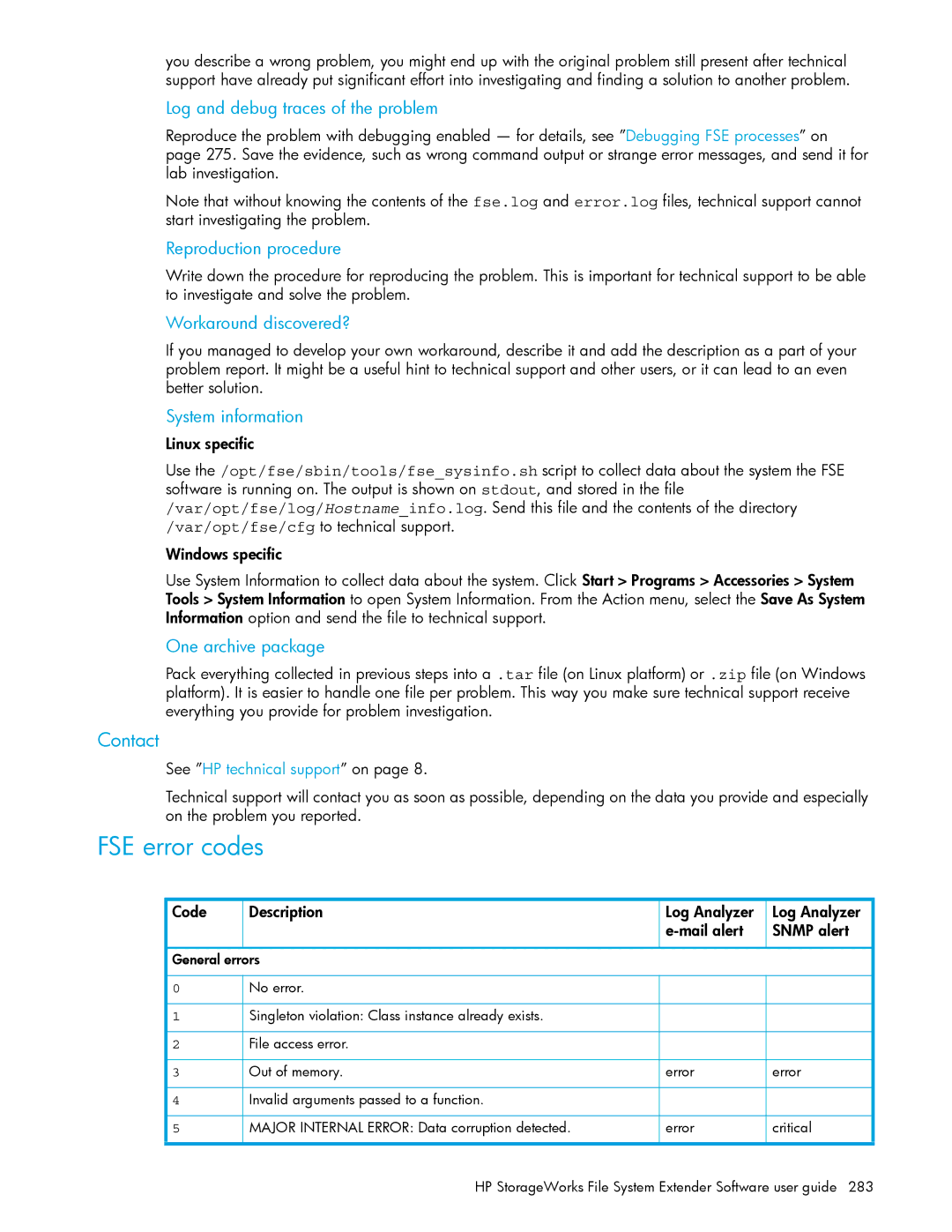 HP File System Extender (FSE) manual FSE error codes, Contact 