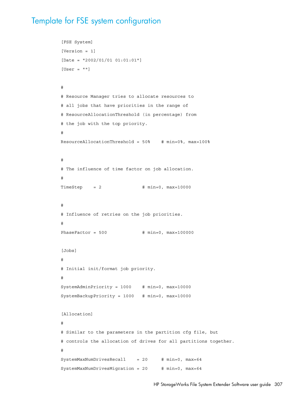 HP File System Extender (FSE) manual Template for FSE system configuration 