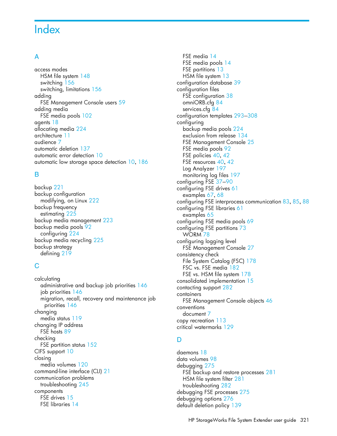 HP File System Extender (FSE) manual Index 