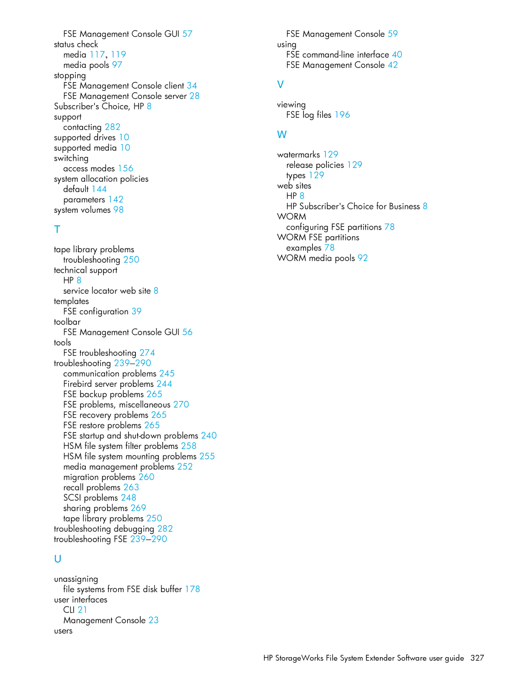 HP File System Extender (FSE) manual FSE Management Console GUI 57 status check, Media 117, 119 media pools 