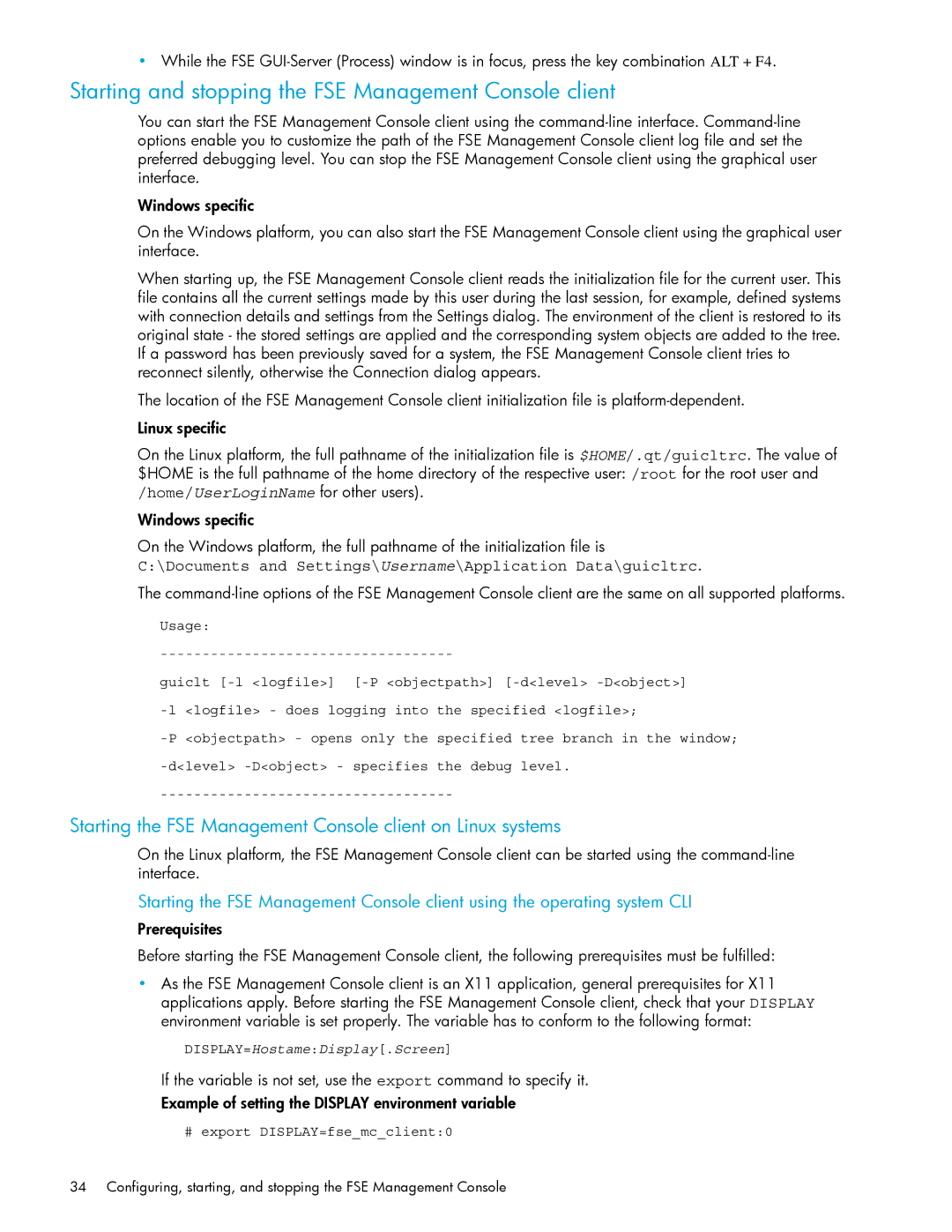 HP File System Extender (FSE) manual Starting and stopping the FSE Management Console client, # export DISPLAY=fsemcclient0 