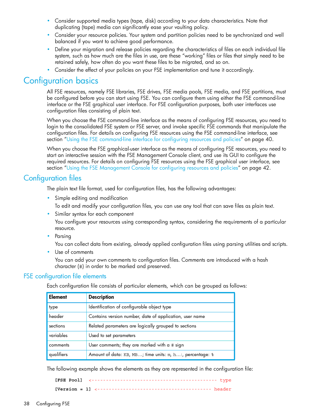 HP File System Extender (FSE) manual Configuration basics, Configuration files, FSE configuration file elements 