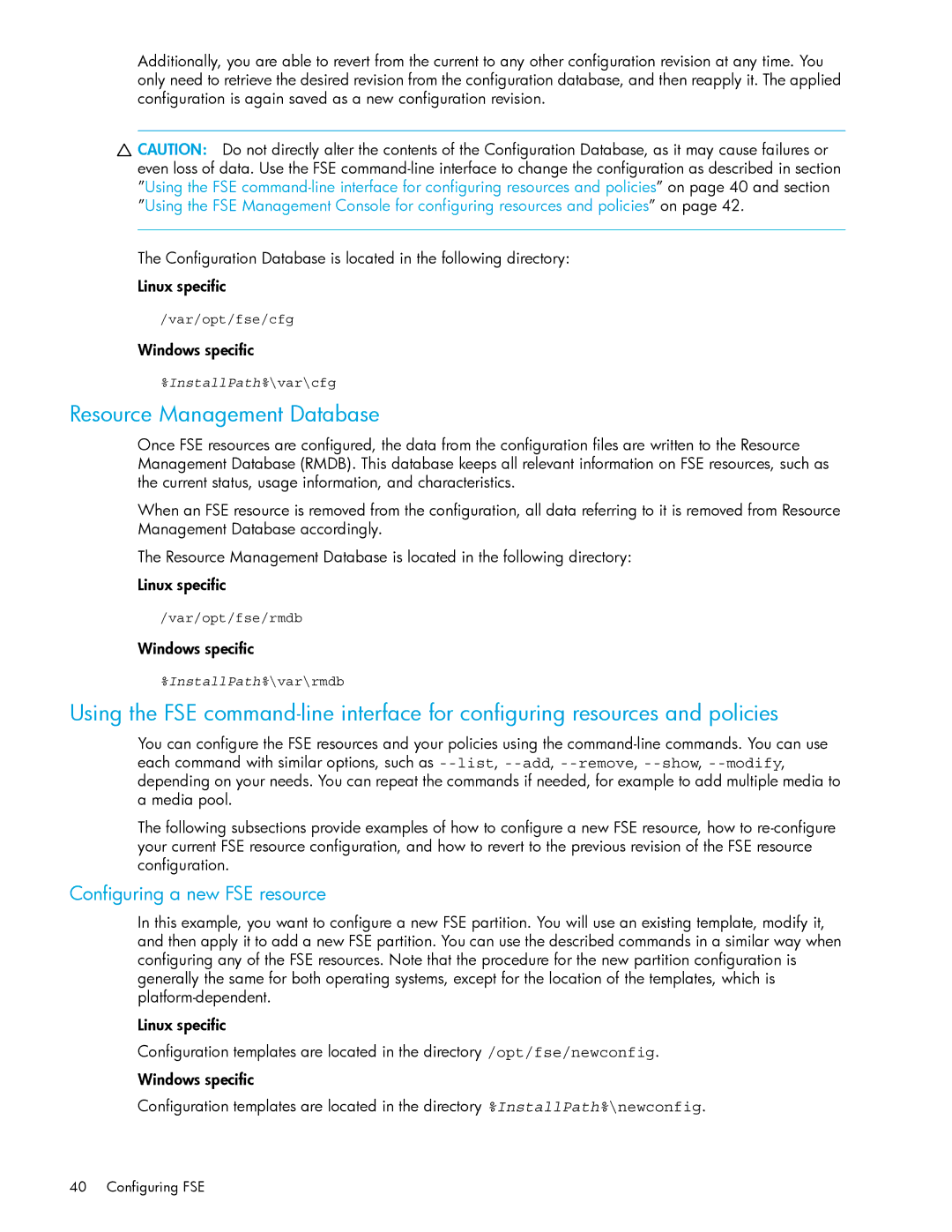 HP File System Extender (FSE) manual Resource Management Database, Configuring a new FSE resource, Var/opt/fse/cfg 