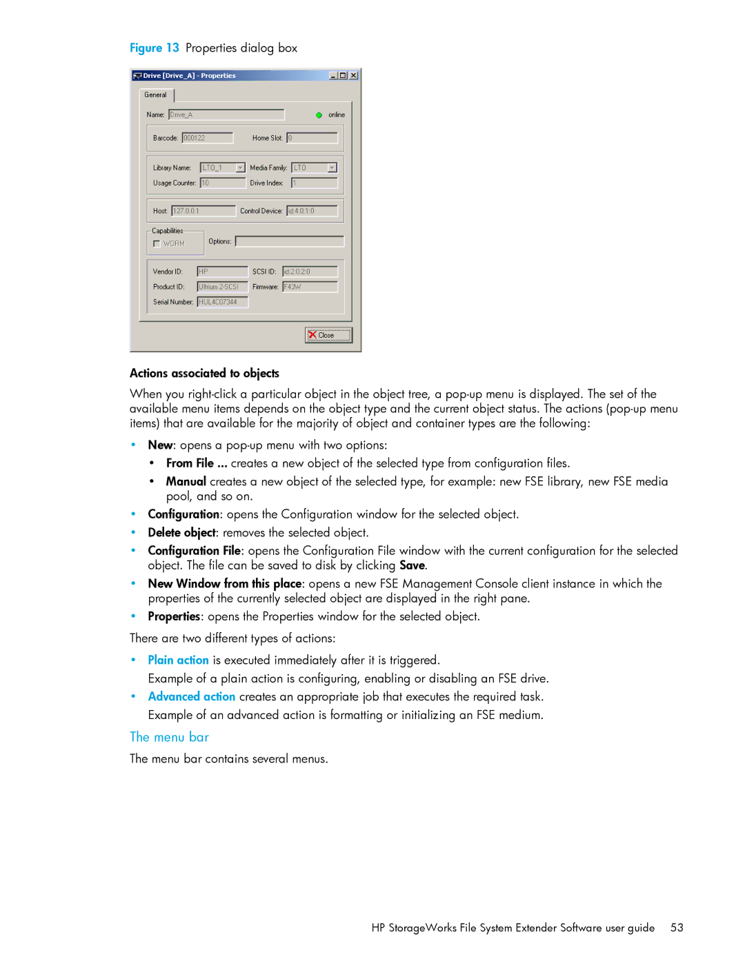 HP File System Extender (FSE) manual Menu bar contains several menus 