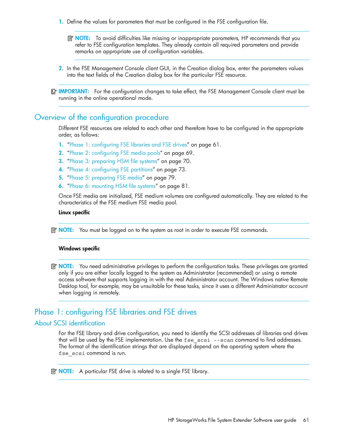 HP File System Extender (FSE) Overview of the configuration procedure, Phase 1 configuring FSE libraries and FSE drives 