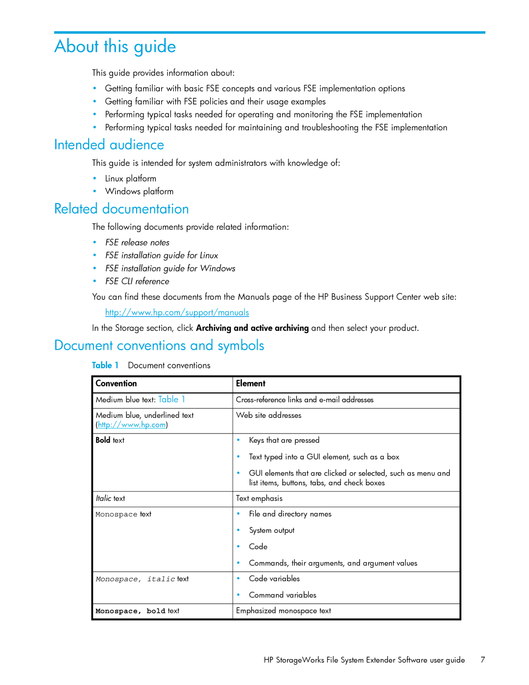 HP File System Extender (FSE) Intended audience, Related documentation, Document conventions and symbols, Monospace text 