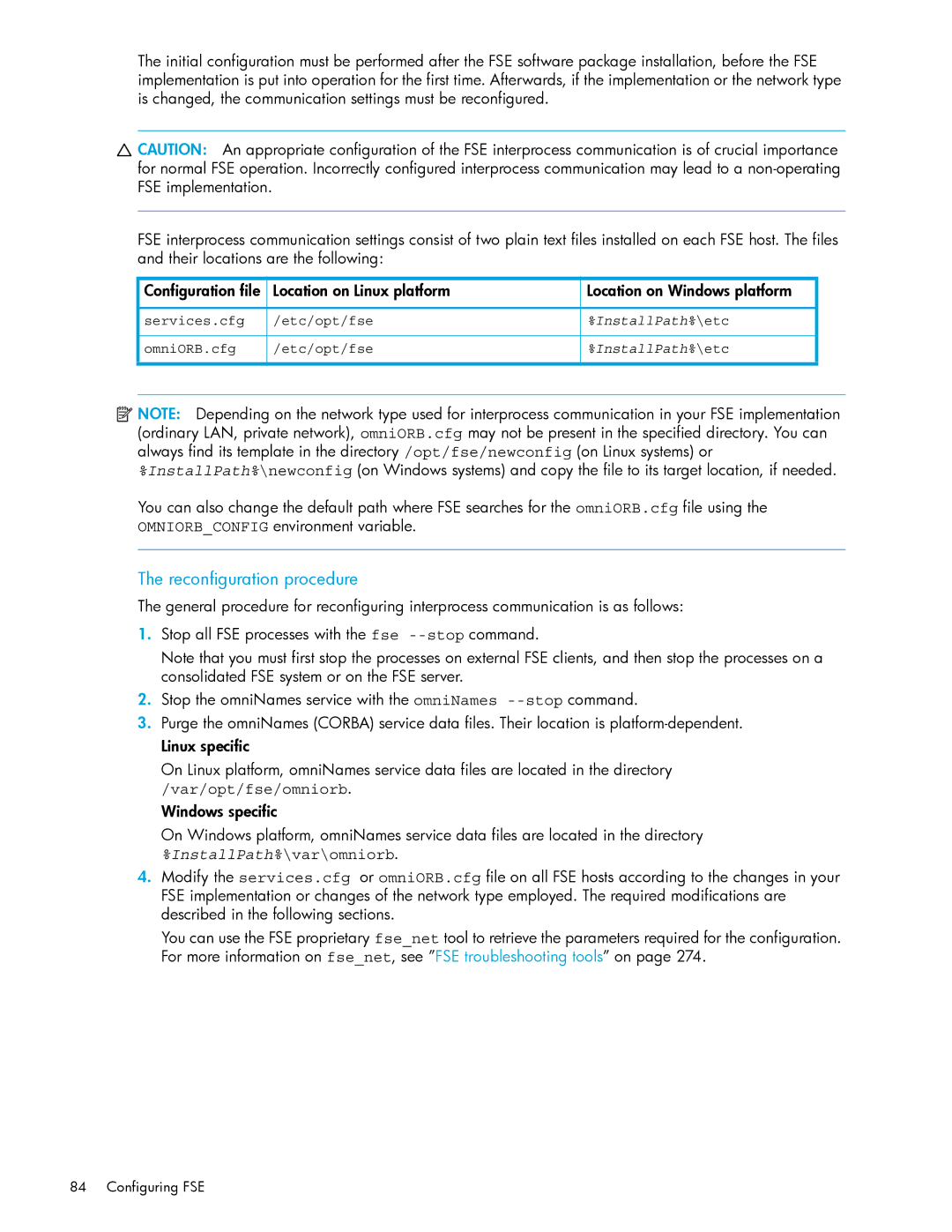 HP File System Extender (FSE) Reconfiguration procedure, Var/opt/fse/omniorb. Windows specific, Services.cfg Etc/opt/fse 