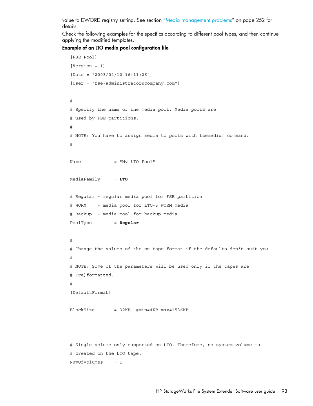 HP File System Extender (FSE) manual Lto, # Regular Regular media pool for FSE partition 