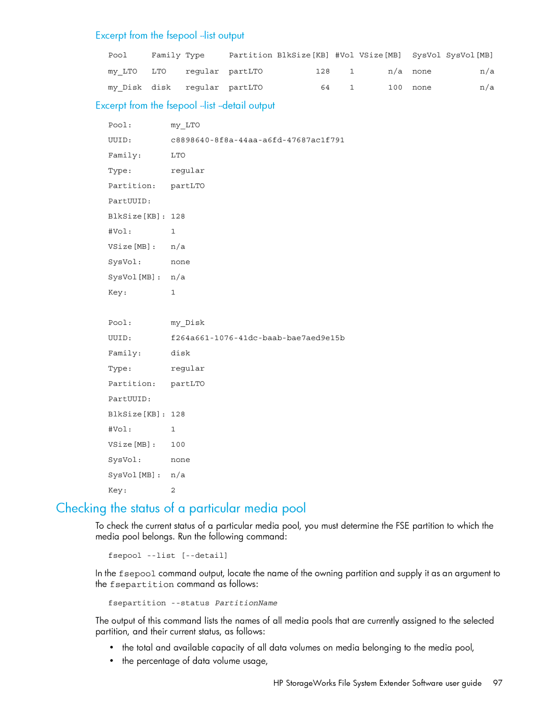 HP File System Extender (FSE) manual Checking the status of a particular media pool, Excerpt from the fsepool --list output 