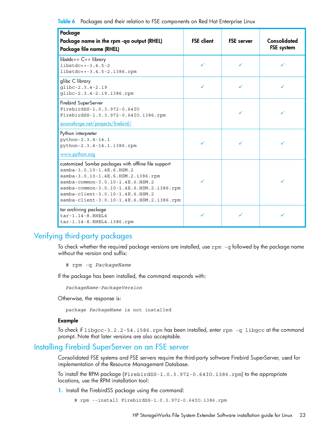 HP File System Extender (FSE) manual Verifying third-party packages, Installing Firebird SuperServer on an FSE server 