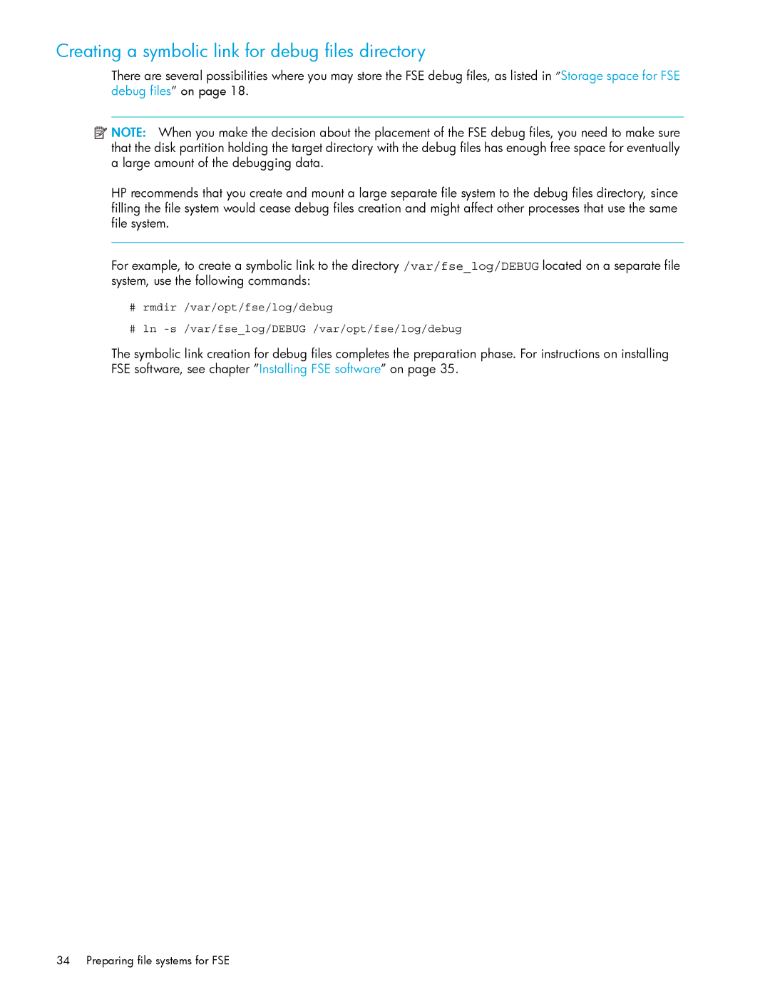 HP File System Extender (FSE) manual Creating a symbolic link for debug files directory 