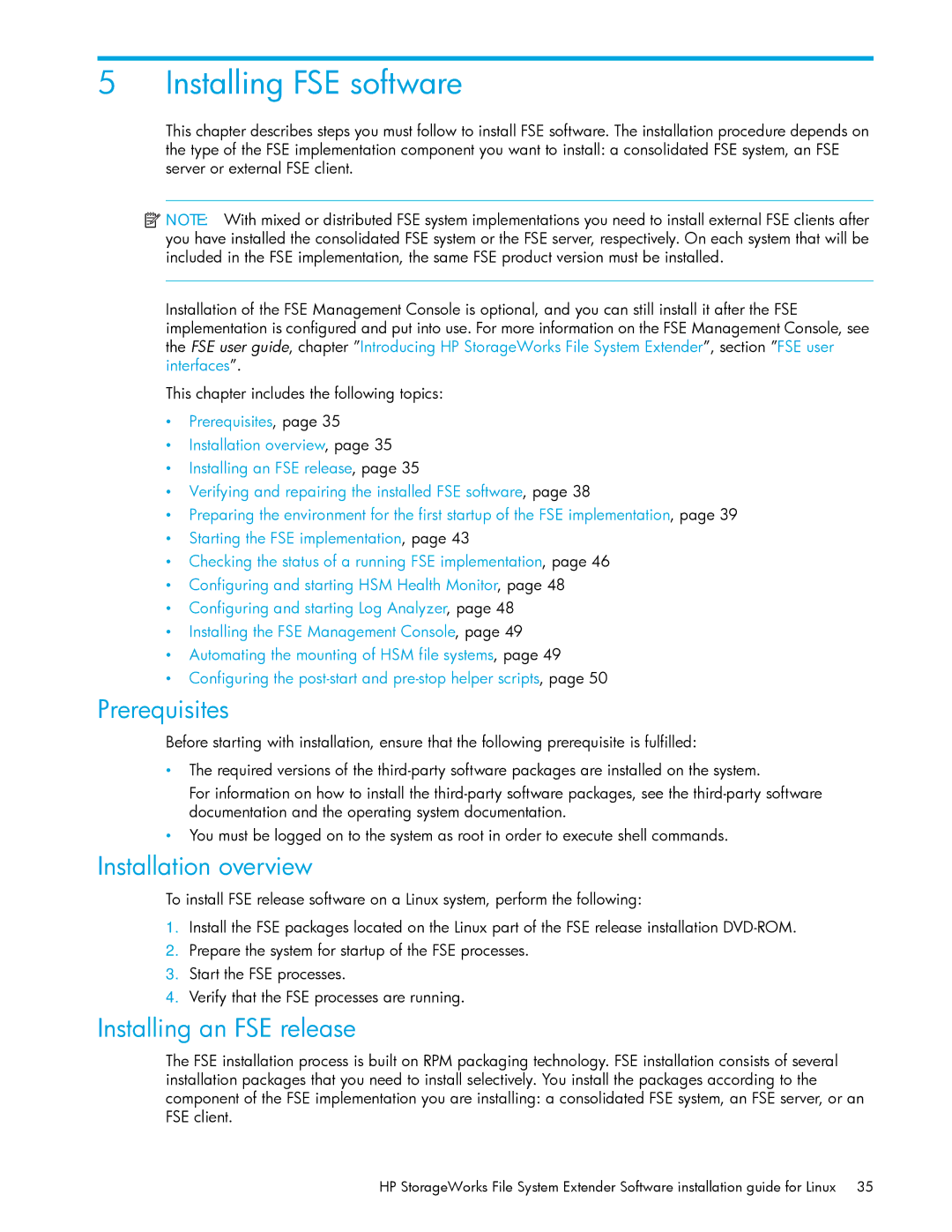 HP File System Extender (FSE) Installing FSE software, Prerequisites, Installation overview, Installing an FSE release 