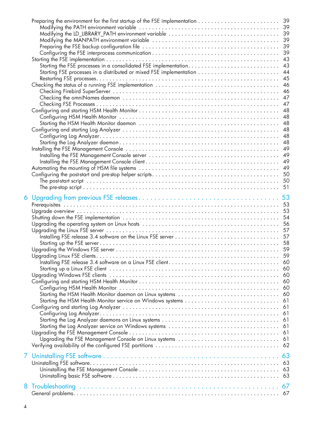 HP File System Extender (FSE) manual Upgrading from previous FSE releases, Uninstalling FSE software, Troubleshooting 