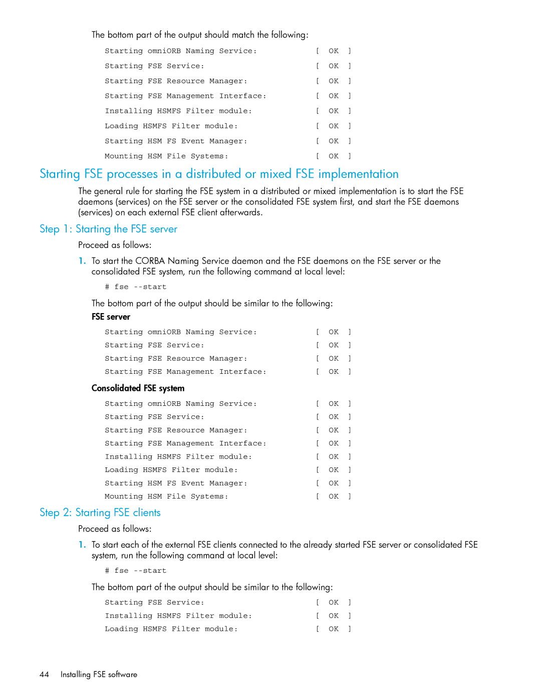 HP File System Extender (FSE) manual Starting the FSE server, Starting FSE clients, Consolidated FSE system 