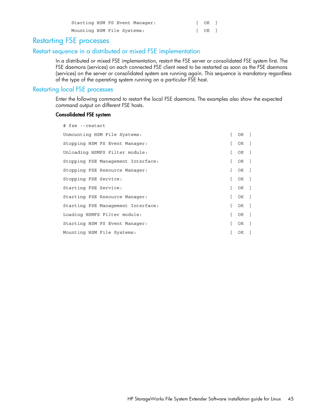 HP File System Extender (FSE) manual Restarting FSE processes, Restarting local FSE processes, FS Event Manager Mounting 