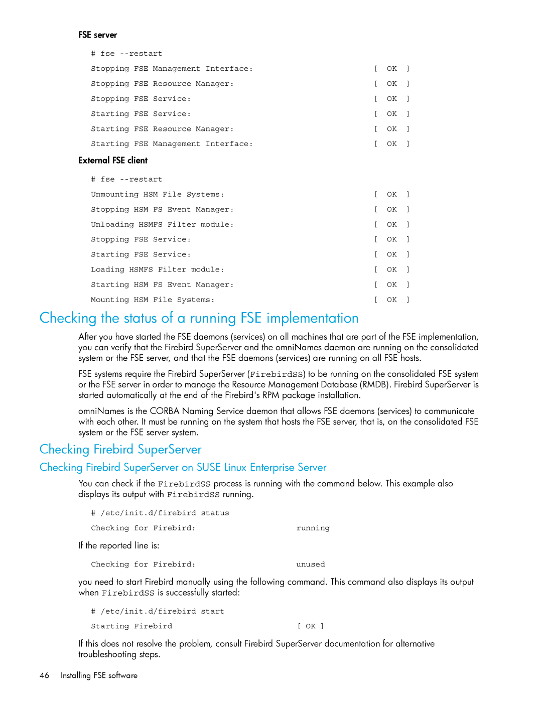 HP File System Extender (FSE) manual Checking the status of a running FSE implementation, Checking Firebird SuperServer 