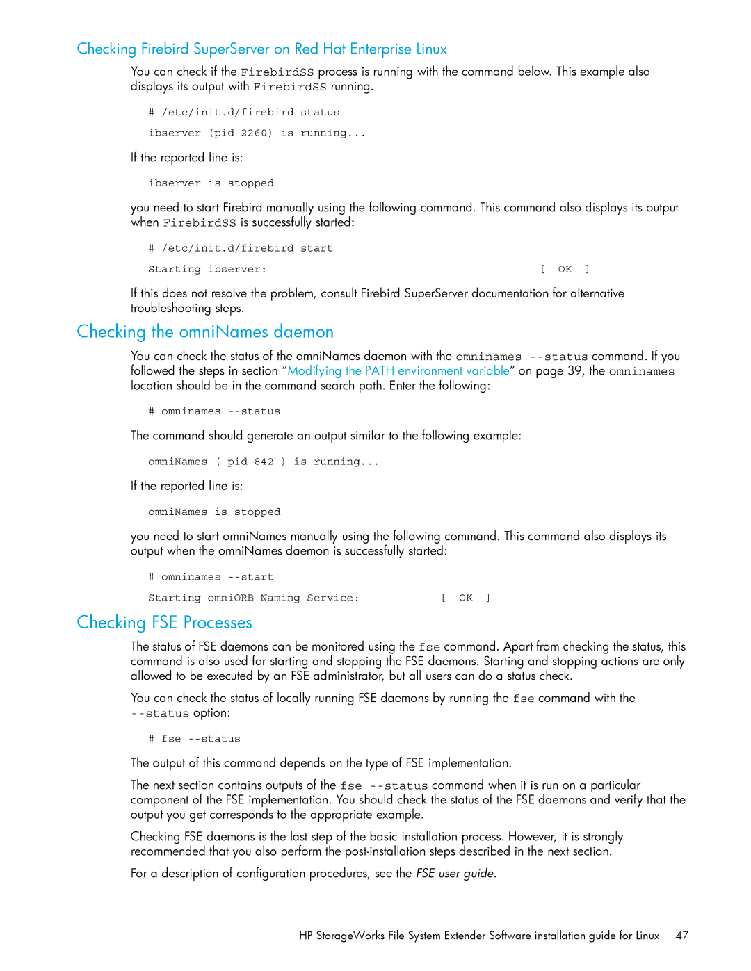 HP File System Extender (FSE) manual Checking the omniNames daemon, Checking FSE Processes 