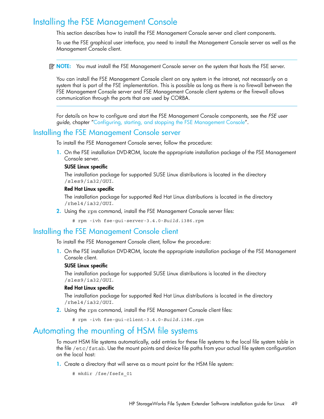 HP File System Extender (FSE) manual Installing the FSE Management Console, Automating the mounting of HSM file systems 