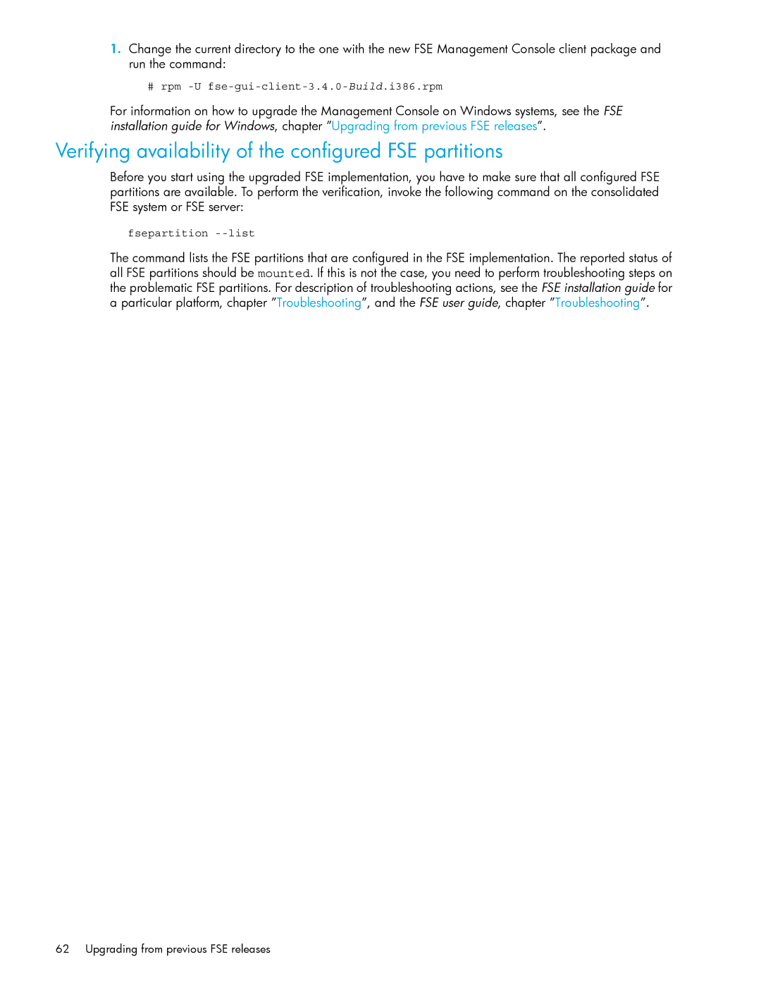 HP File System Extender (FSE) manual Verifying availability of the configured FSE partitions, Fsepartition --list 