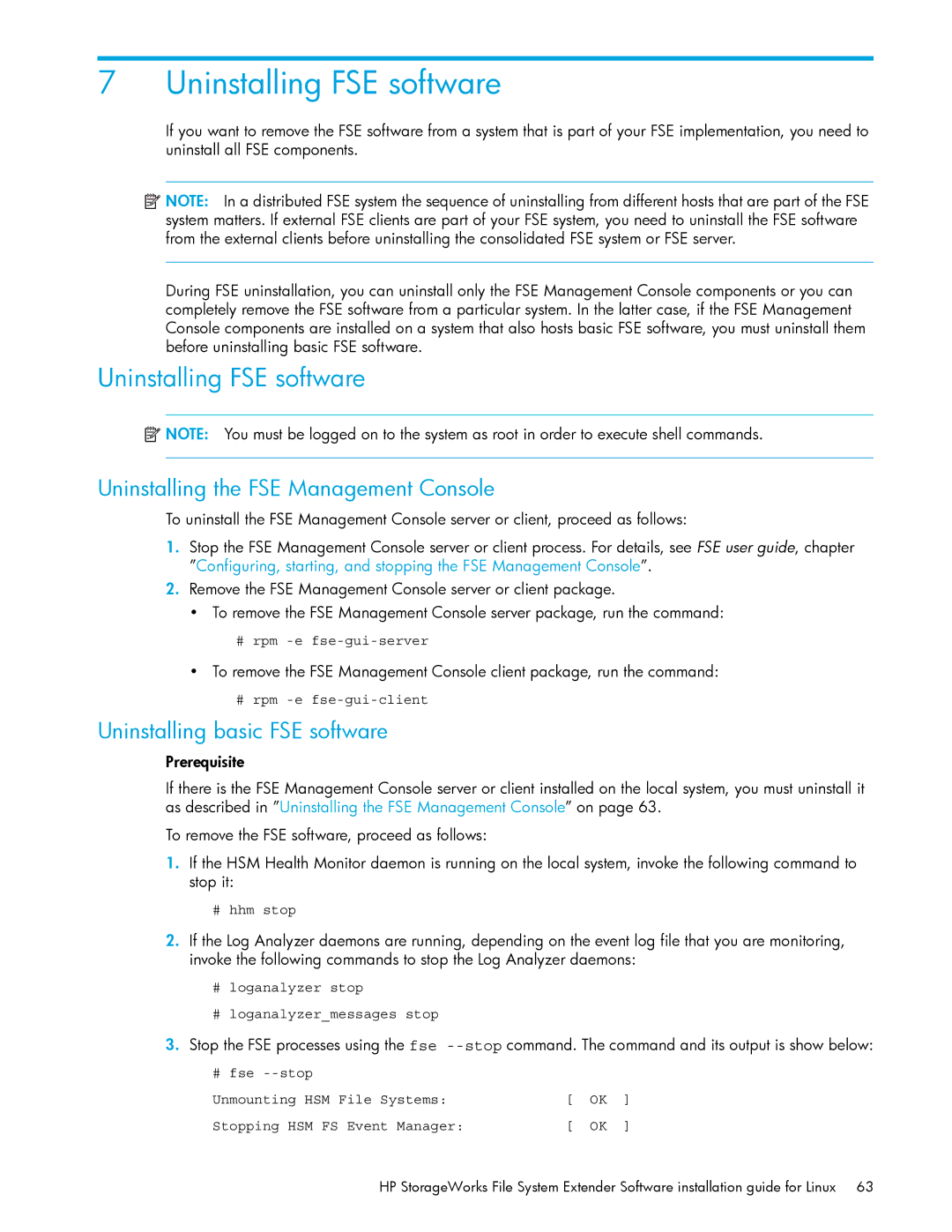 HP File System Extender (FSE) manual Uninstalling FSE software, Uninstalling the FSE Management Console 